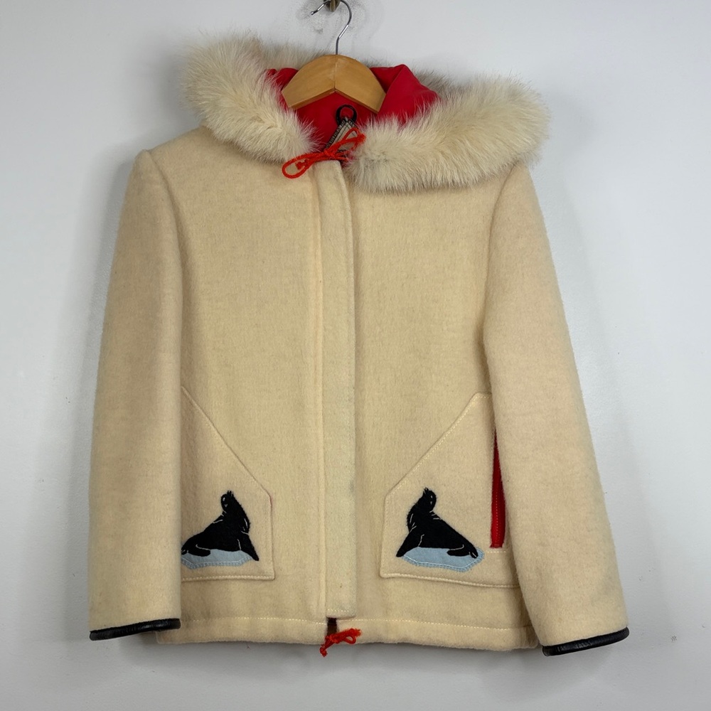 Vintage James Bay Coat Womens Small Cream Wool Seals Hood Made in Canada Retro